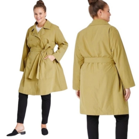 NWT AVA VIV Plus Size Water Resistant Belted Snap Front Rain Coat in Green - Picture 1 of 11